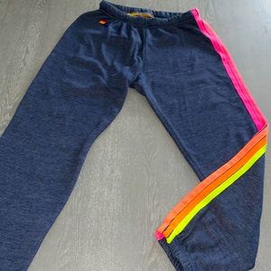 Navy Medium Aviator Nation Sweatpants with Neon Rainbow Stripes.